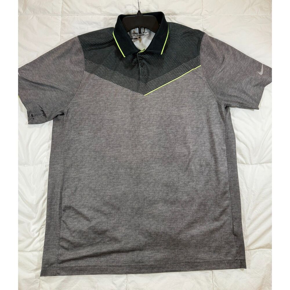 Nike Golf Tour Performance Dri-FIT Polo Men Large Grey Neon Lime Chevron Striped